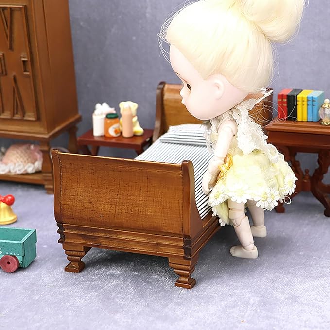 1/12 Dollhouse Bed Miniature Single Bed Vintage Woode Mini Bed for for 6 inch Dolls Dollhouse Bedroom Furniture with Bedding Fabric (Brown)