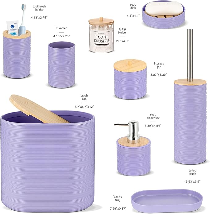 IMAVO Bathroom Accessory Set-11Pcs Purple Bathroom Accessories Set with Trash Can,Soap Dispenser,Soap Dish,Toothbrush Holder,Toothbrush Cup,Toilet Brush Set ,Qtip Holder Dispenser with Labels