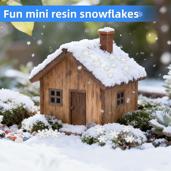 210pcs Mini Resin Snowflakes, 3 Sizes Glitter Winter Miniature Resin Snowflakes Tiny Ornaments for DIY Home Christmas Tree Micro Landscape Small Decor & Party Supplies (White)