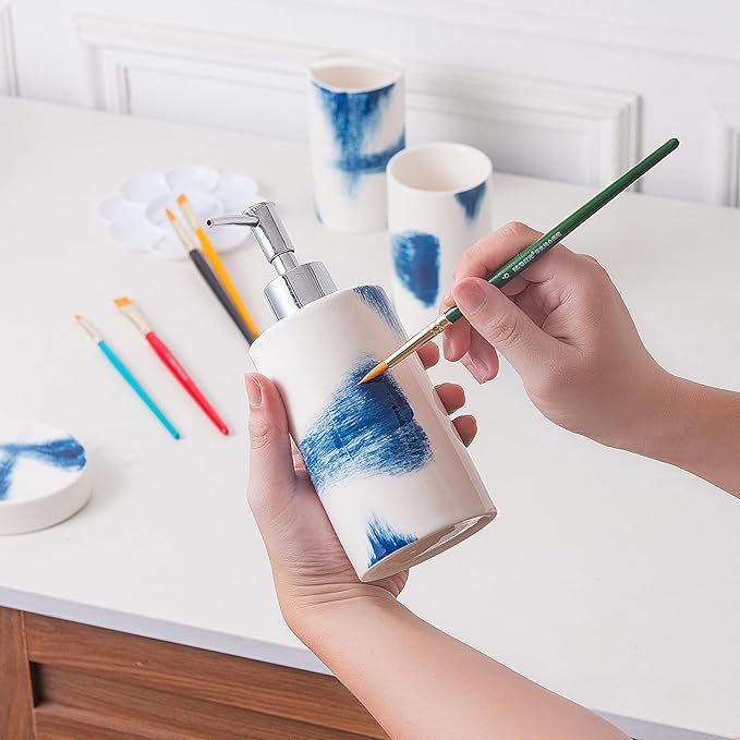 4 Piece Painted Ceramic Bathroom Accessory Set, Includes Soap Dispenser Pump, Toothbrush Holder, Tumbler, Soap Dish Sanitary, Ideas Home Gift for Ware Home Decor Bath(Blue & White)