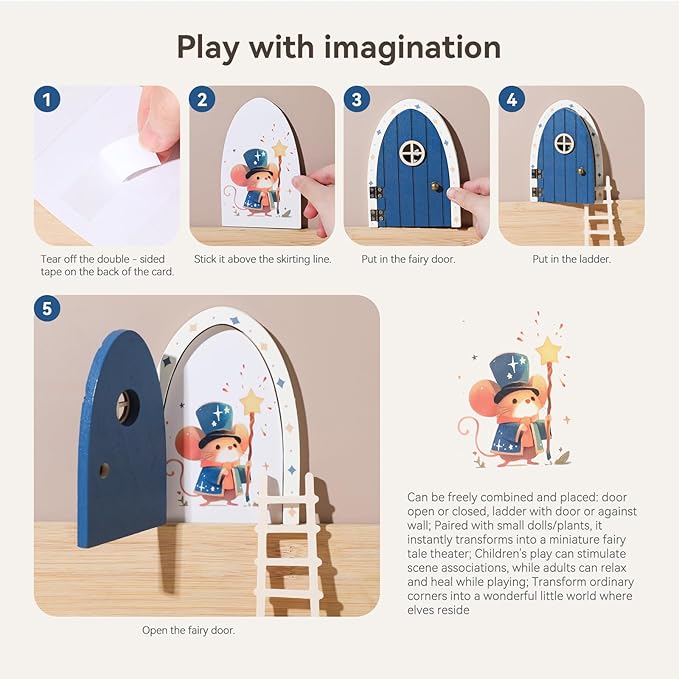 Christmas Mamimami Home Blue Wooden Magical Fairy Doors, 13cm 5.12 inch Elf Mouse Miniature Tiny Door with Ladder, Tooth Fairy Door Handmade Decorations Gifts