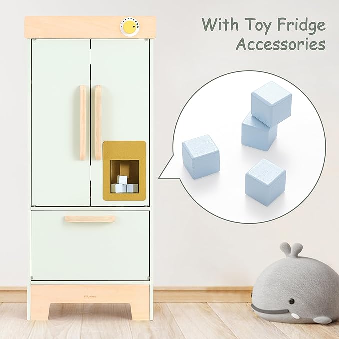 Pillowhale Wooden Play Refrigerator with Ice Maker – Mint Green Kids Fridge Toy, 4 Wooden Ice Cubes & Cup, Quiet Click Handle, Montessori Pretend Play for Toddlers 3+