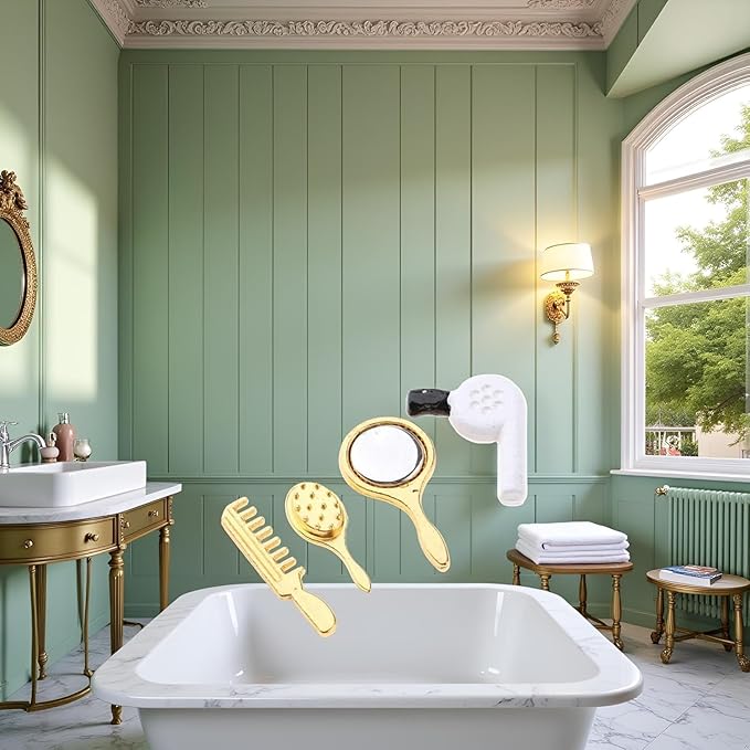 4 Pcs Dollhouse Miniature Bathroom Set with Hair Dryer, Dollhouse Accessories 1:12 Scale Dollhouse Bathroom Comb Mirror Hair Dryer Brush,Dollhouse Furniture Accessories