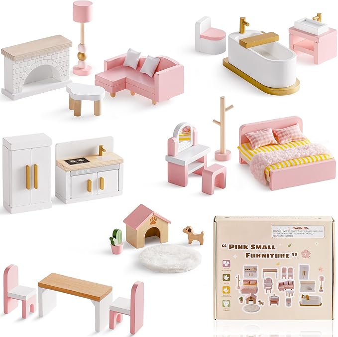 ROBOTIME Wooden Dollhouse Furniture Set, 28 PCS Miniature Dollhouse Furniture with 6 Room Kits, Dollhouse Accessories and Pretend Play Furniture, Gift for Boys and Girls Ages 3+
