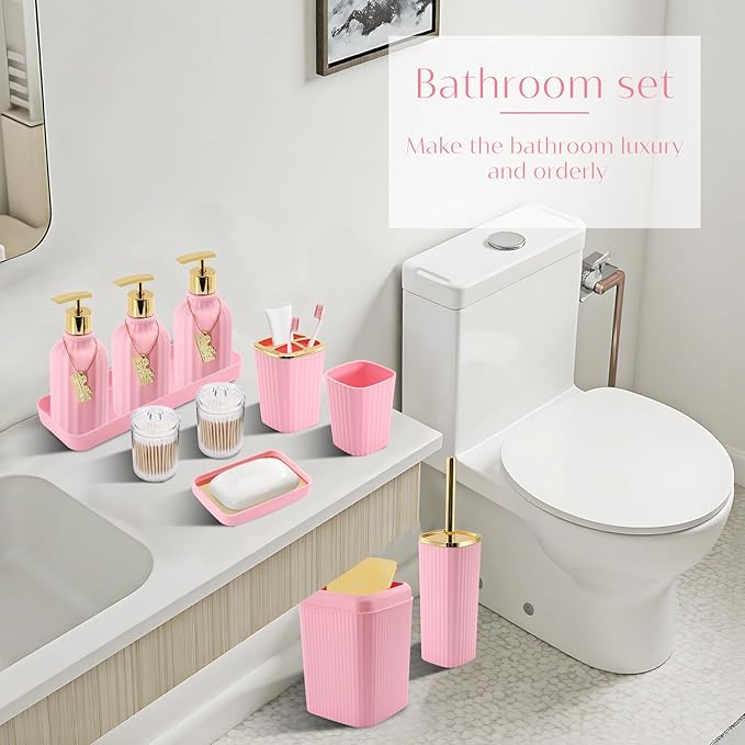WSBArt 17PCS Bathroom Accessory Set Pink Bathroom Set Bathroom Accessories,Toilet Brush, Trash Can, Qtip Holder Dispenser& 3PCS Soap Dispenser