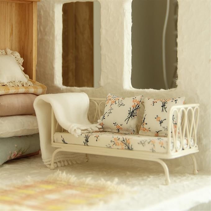 Doll House Sofa Set; Iron Frame Miniature Living Room Furniture; Detachable Washable Fabric Cushions for Creative Room Decoration.