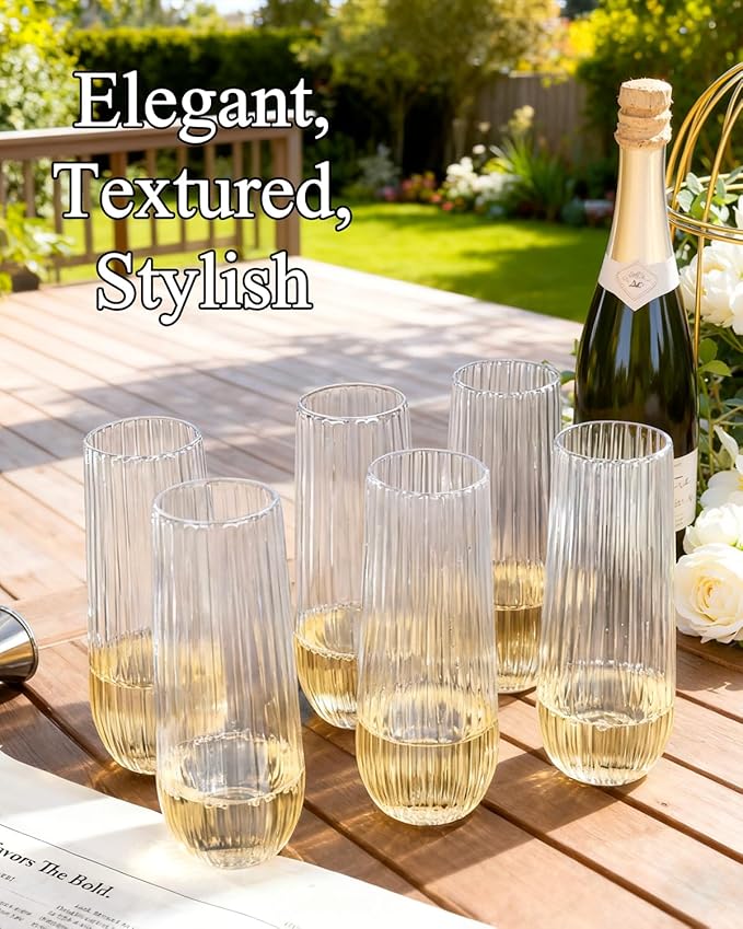 Ciaell 48PCS Plastic Ribbed Champagne Flutes - 9oz Clear Plastic Champagne Glasses - BPA-Free Disposable Shatterproof Toasting Glasses for Weddings, Party, Catering