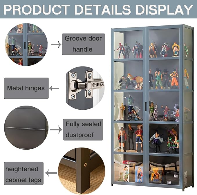 Display Cabinet with Acrylic Doors, 5-Tier Bamboo Curio Display Case for Figures - Display Shelves for Collectibles & Toy Display Cabinet for Home, Office, Playroom, Living Room
