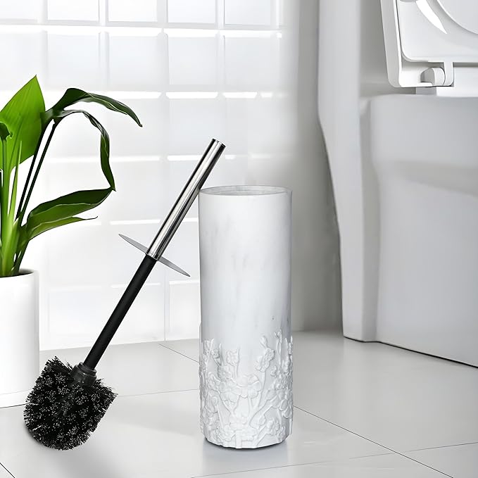 Indecor Home Marble Cherry Blossom Design Resin Toilet Brush and Holder Set for Bathroom, Stylish Design with Durable Bristles and Compact Storage