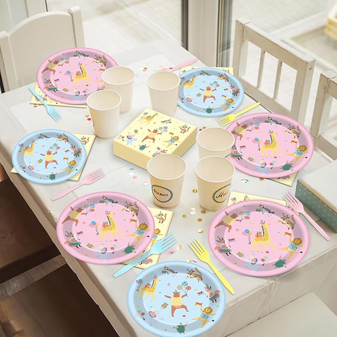 96Pcs Animal Parade Party Supplies Pastel Animal Parade Paper Plates and Napkins Jungle Safari Theme Tableware Decorations Set for Kids Girls Birthday Baby Shower Celebration Party Favor Serves 24