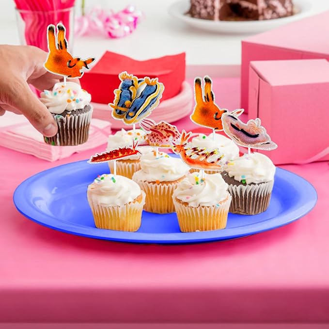 18-Pcs Mollusk Cupcake Toppers Sea Slug Themed Happy Birthday Decorations, Perfect Nudibranch Decorations for Boys or Girls Ocean Themed Birthday Party, Mollusk Party and Baby Shower. SugarGera