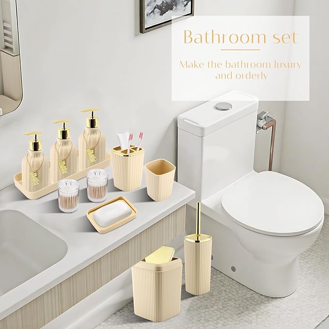 WSBArt 17PCS Bathroom Accessory Set Bathroom Set Beige Bathroom Accessories,Toilet Brush, Trash Can, Qtip Holder Dispenser& 3PCS Soap Dispenser