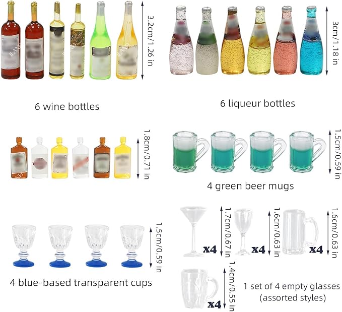 iLAND 1/12 Scale Accessories Mini Wine Bottles Glasses 42pcs Set Dollhouse Miniatures Bar Champagne Cocktail for Action Figure Accessories Mini Cake Toppers Cute Dollhouse Food