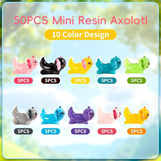 50Pcs Mini Resin Axolotl Miniature Axolotl Ornament Charms, 10 Colors Tiny Axolotl Figurines Resin Small Animals for DIY Craft Garden Landscape Dollhouse Potted Plant Aquarium Decoration