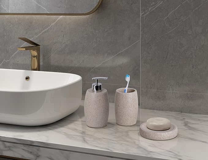 Clasin Home Beige Bathroom Accessories Set 3 PC, Resin Sandstone Look Soap Dispenser, Toothbrush Cup, Soap Dish, Bathroom Soap Dispenser Set for Home Decor and Kitchen