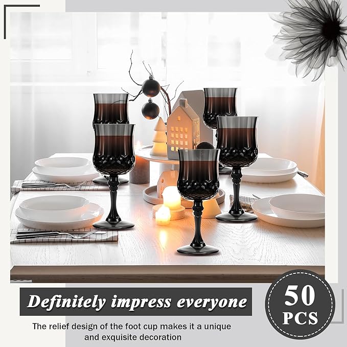 Pinkunn 50 Pcs 7 oz Plastic Vintage Wine Glasses Reusable Colored Goblets Patterned Drinking Water Glasses Cup Dishwasher Safe for Valentine's Day Wedding Reception Party Supplies (Black)