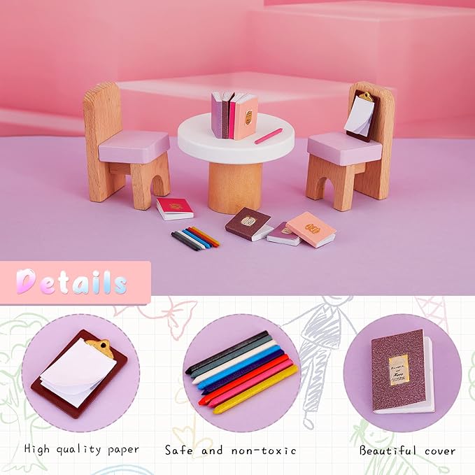Sumind 4 Pieces Miniature Books with 8 Pcs Pencils and 2 Pcs Clipboards Mini House Decoration Accessories Coloring House Play Set for Miniature Room, DIY Crafting(Novel Style)