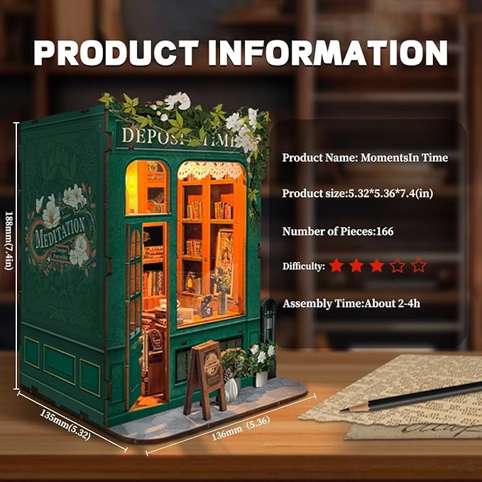Book Nook Kit for Adults 3D Puzzle Miniature House Kit for Women Craft Lovers Booknook Bookshelf Decor DIY Model Kit with LED Light-Moments in Time(SQ-45)