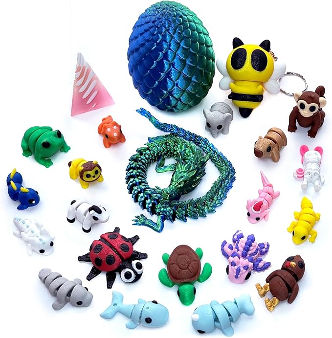 19 Pack 3D Fidget Toys for Kids, 11.8 Inch 3D Printed Dragon Inside Egg, 3D Printed Animals Set for Desk Pets, 3D Printed Toys with Movable Joints, Gift Halloween Toys Decor Desks & Keychain