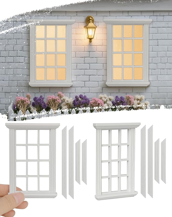 iLAND 1/12 Scale Accessories of Dollhouse Windows 2pcs White Solid Wood DIY Dollhouse Building Supplies Complete Classic Miniature Windows Kit w/Wooden Frame & Acrylic Panel