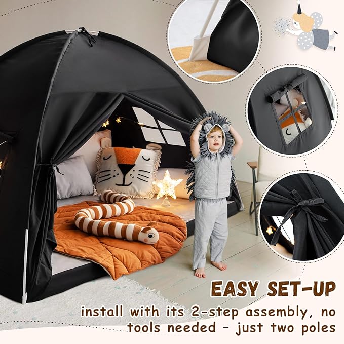 Sherilyn Twin Size Bed Canopy Toddler, Kids Bed Tents Indoor Dream Tent on Bunk Bed Privacy Space Blackout Sleeping Tents Portable Drafty Floor Playhouse for Boys Girl Birthday, House Gift, Black
