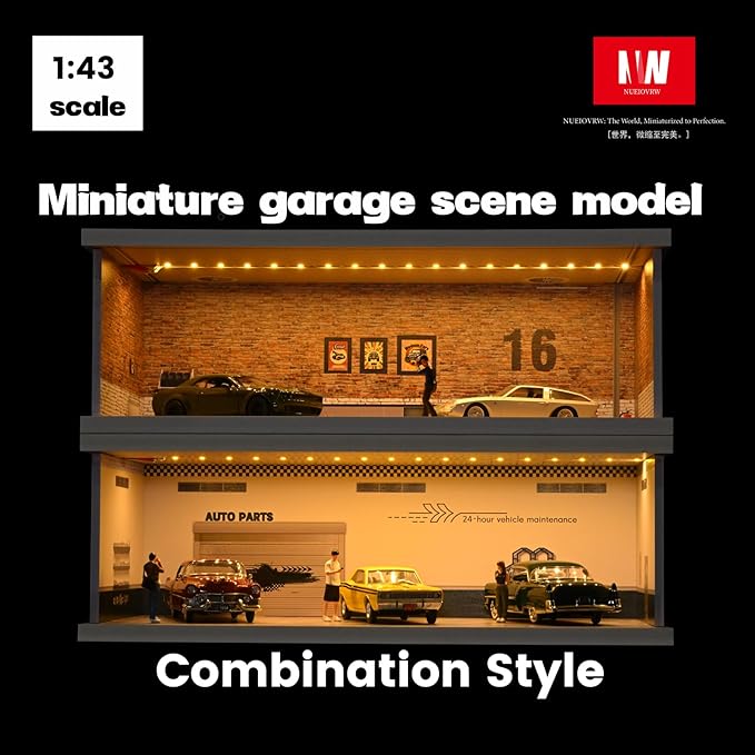 1/43 Diorama Display Case with Tri-Colour Dimmable Lighting, Fits for Hot Wheel Matchbox Mini GT Diecast Cars Model,1:43 Car Garage Parking Lot Scene Display Storage (Repair Shop)