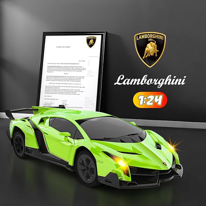 Lamborghini Remote Control Car, Officially Licensed 1:24 Scale 2.4GHz RC Drift Car Toys with Headlight, Lambo Hobby Rc Cars for Boy Girl 4-12 Years Old, Birthday Gift (Green)