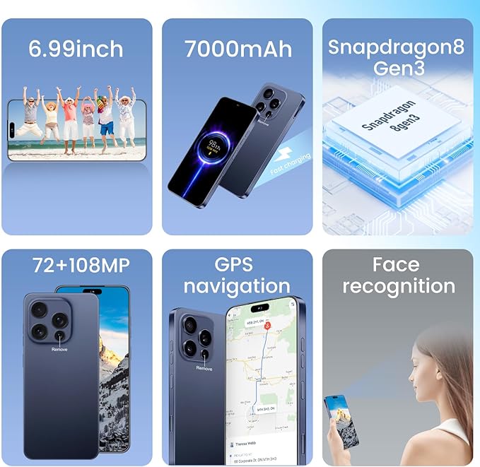 Huness I16PROMAX 16+1TB Smartphone Unlocked Cell Phone,6.99" HD Screen Unlocked Phones,Battery 7000mAh Android 14,Face ID/Fingerprint Button unlock/Photos/5G/Dual SIM/GPS (Deep Blue, 16+1TB)
