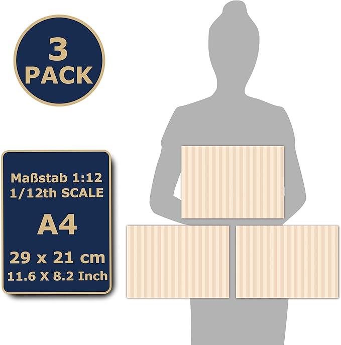 3 Sheets Self-Adhesive Wallpaper for Dollhouses - Scale 1:12 Modern Art Deco Wallpaper (Creme Colored Stripes)