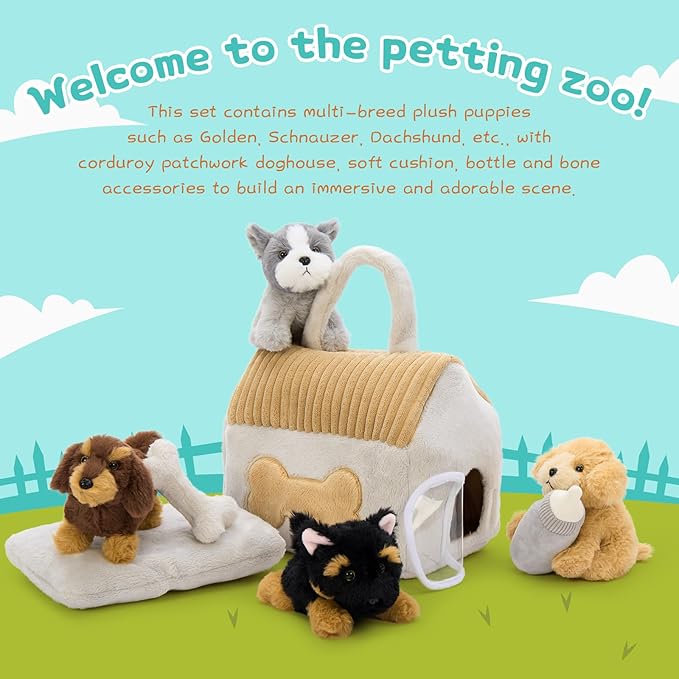 Muiteiur 8-Piece Dog House Plush Set, 9.8 Inch Plush Dog House Set with Cute 4 Puppies, Magic Gate, Bottle, Bed Pad & Bone, Interactive Pet Toy for Kids