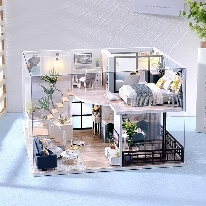 TuKIIE DIY Miniature Dollhouse Kit with Furniture, 1:24 Scale Creative Room Mini Wooden Christmas Doll House Accessories Plus Dust Proof & Music Movement for Kids Teens Adults(Satisfied Time)