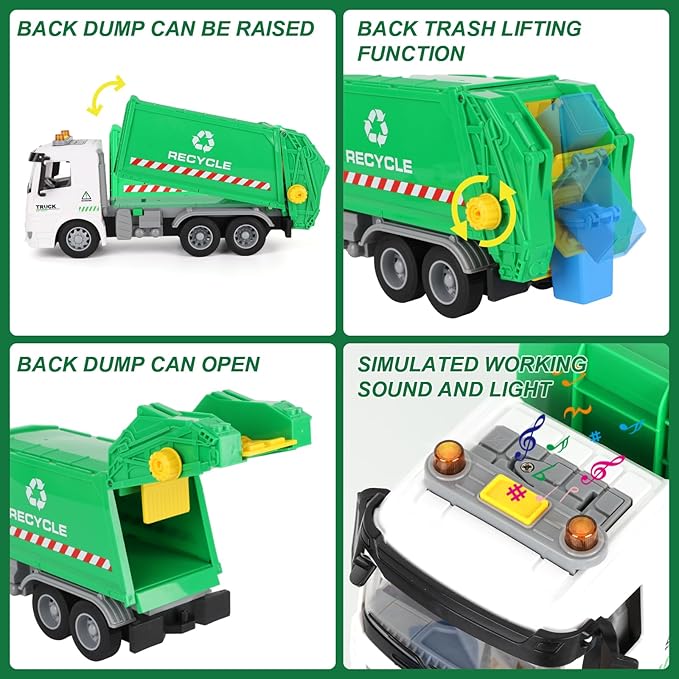11.8" Mini Garbage Truck Toy, Trash Truck Toy with Dumping Function, Friction Powered, Sound and Lights for Age 3-7 Years Old Boys Girls Birthday Gifts