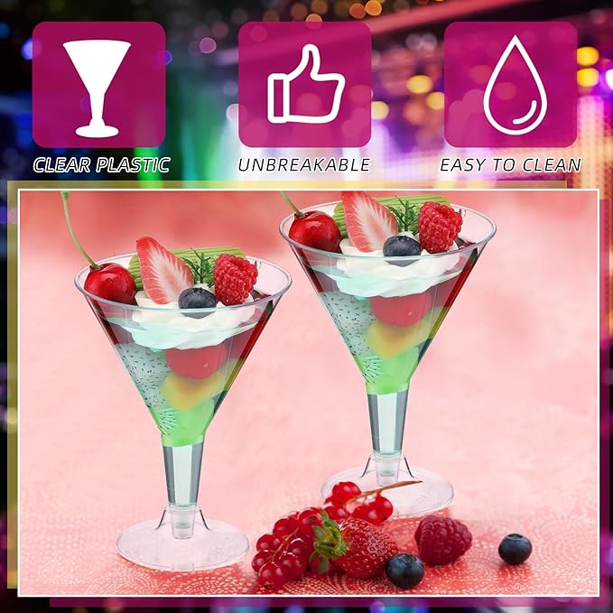 Yinkin 12 Pcs 7 oz Plastic Martini Glasses Disposable Clear Cocktail Dessert Parfait Glasses Unbreakable Mini Martini Cups for Wedding Party Bowl Wine Ice Cream (Stem)