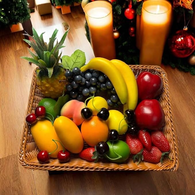 26pcs Artificial Fruits Fake Realistic Fruit Modle for Photoshoot Decor Artificial Pineapple Green & Yellow Lemon Black Grapes Bananas Orange Apple Peach Strawberries Mango Plastics Cherry