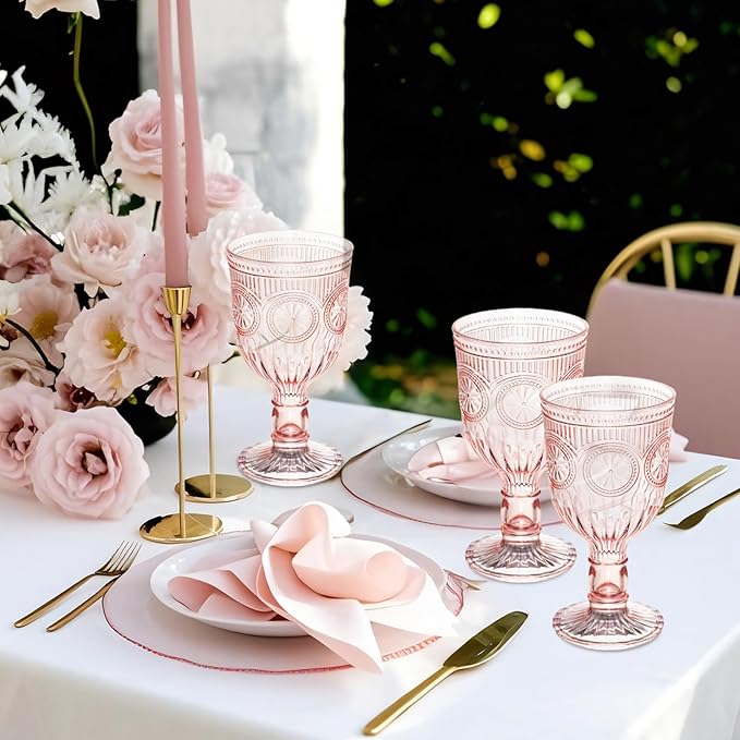 Pink 48 Pack Vintage Wine Glasses, Plastic Reusable 12 Ounce Colored Water Goblets, Unique Flower Embossed Pattern Unbreakable Stemmed Wine Glasses High Clear Wedding Party Bar Drinking Cups