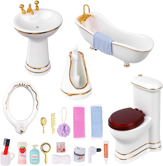 HCEWSBFD 1:12 Dollhouse Miniature Porcelain Bathroom Set 5Pcs White Ceramic Toilet Basin Bathtub Mirror Miniature Furniture with 15Pcs Doll Accessories Comb,Bathball,Water Cup,Toothbrush Toothpaste