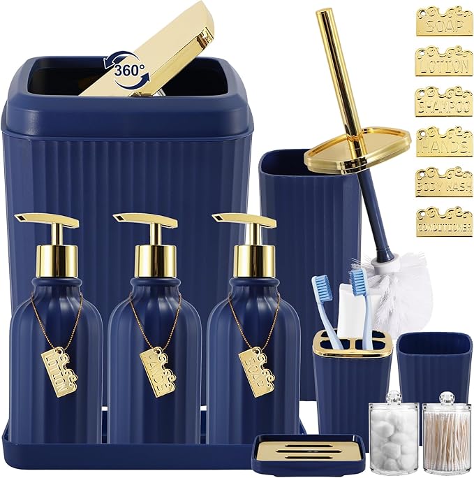 WSBArt 17PCS Bathroom Accessory Set Bathroom Set Navy Blue Bathroom Accessories,Toilet Brush, Trash Can, Qtip Holder Dispenser& 3PCS Soap Dispenser