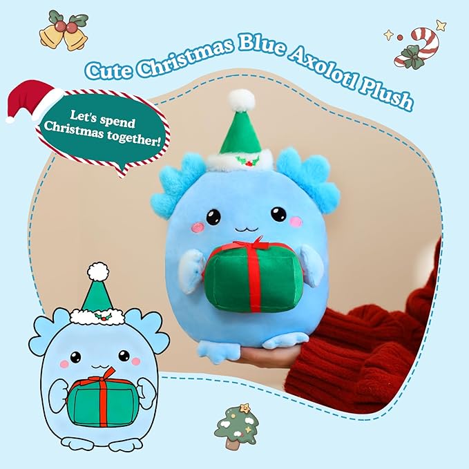 Christmas Axolotl Plush, Cute Axolotl Holding Gift Stuffed Animals Christmas Day Decor Party Favors for Kids & Adults (Blue)