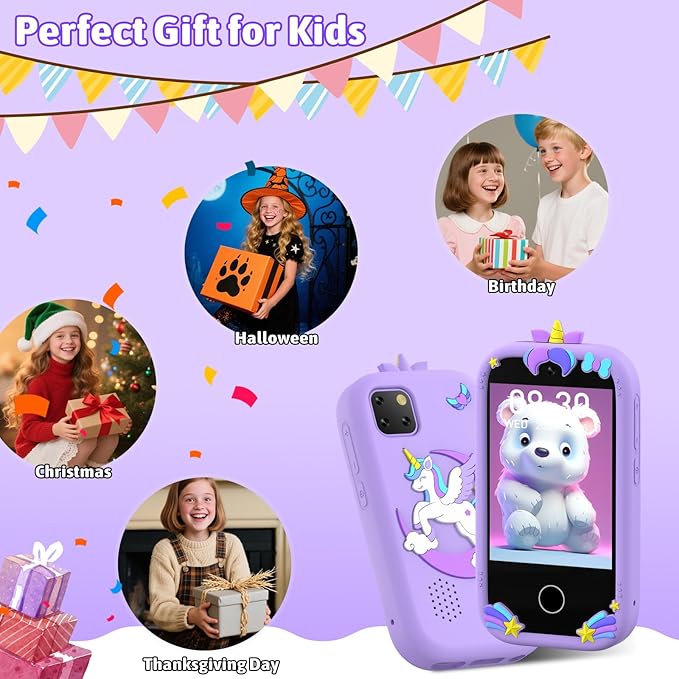 BEBESIRI Kids Camera Mini Smartphone Toy for Girls, 2.8" Touch Screen, 22 Learning Games, Dual Camera, Music Player, 32GB Card | Educational Gift for Christmas & Birthday (Lavender)