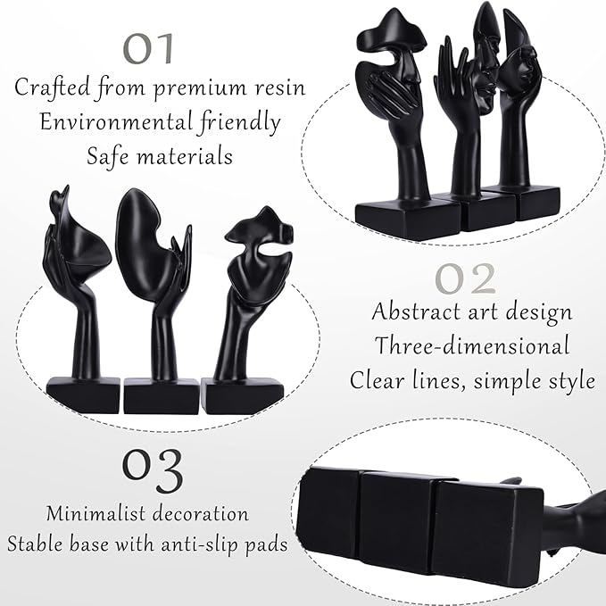 oliruim 3 Pcs Thinker Large Statue Set - Black Art Abstract Home Accent Figurines for Living Room, Bedroom, Shelves, Office Desktop, Coffee Table Decor, Gift for Women (3 Pcs Black, 9")