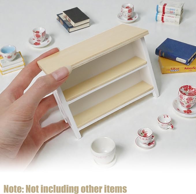 Miniature Dollhouse Kitchen Island, 1/12 Scale Wood Dining Table with Storage Shelves, Modern Furniture Accessories, Rectangular Mini Counter Shelving for Restaurant Pub Bar Decoration, White