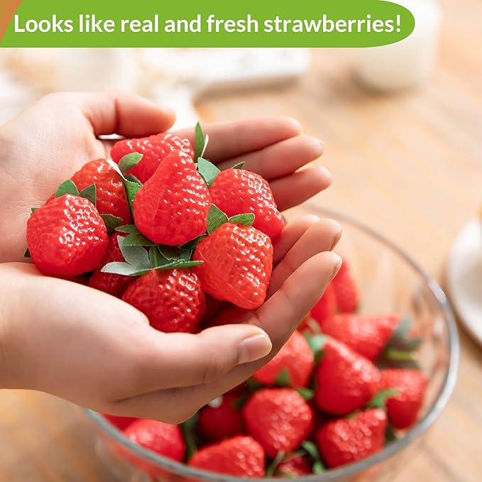 60 Pieces Fake Strawberries Décor, Fake Fruit Artificial Strawberry Kitchen Décor, Plastic Strawberry Party Decorations, Realistic Fake Food Lifelike for Display Photography Props