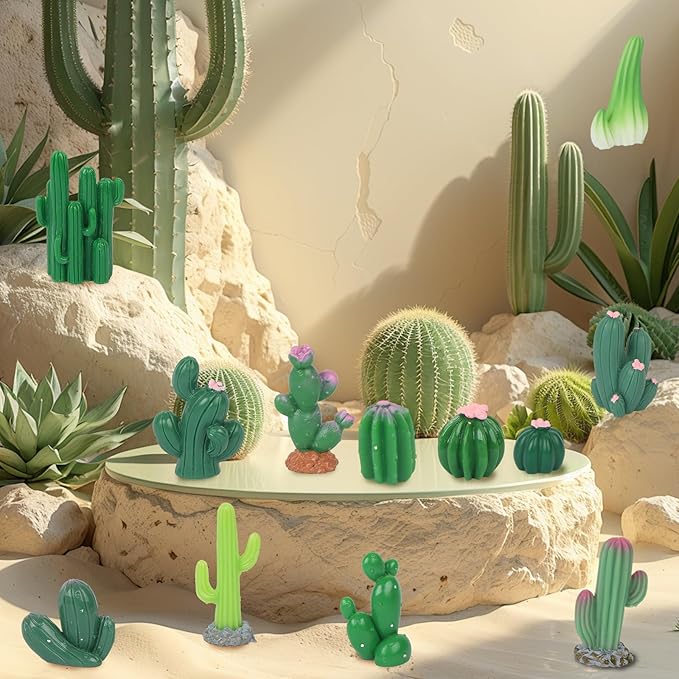 BENOSPACE 48Pcs Mini Cactus Figurines Miniature Artificial Green Cacti Statue Resin Succulent Plant for DIY Fairy Garden Plant Pot Bonsai Craft Accessories Cake Topper Micro Landscape Decors