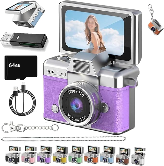 Thumb-Sized Flip Screen Mini Camera, Mini Keychain Digital Camera, Flip Screen Mini Camera with Built-in Flash & Flip Display, 64GB Memory, Portable Keychain Camera for Travel & Daily Use (1, Purple)
