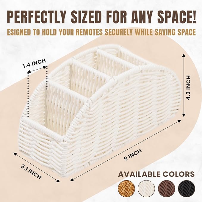 5-Compartment Remote Control Holder – Synthetic Rattan Organizer for TV Remotes, Makeup Brushes, Office Supplies, Stylish Wicker Desk Caddy for Living Room, Bedroom, Office, Patent Pending (White)