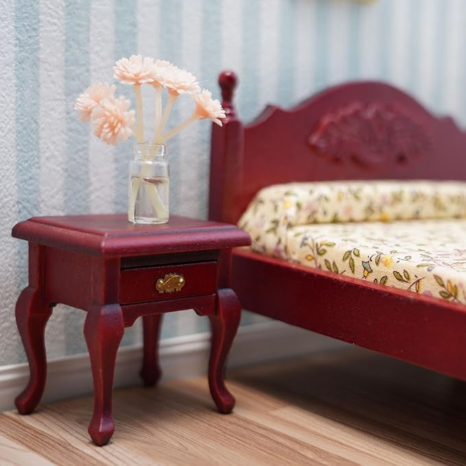 Miniature Furniture 1:12 Bedside Table Dollhouse Accessories Wooden Nightstand Vintage Living Room Bedroom Scene Bedroom Bedsides End TableHouse Model Decoration (Red)