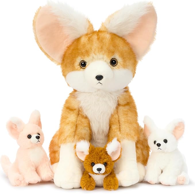 4Pcs Fennec Fox Plush Toy, Cute Soft Mother Fox Stuffed Animal with 3 Fennce Fox Babies, 17.4" Giant Zoo Animal Plushies for Kids, Huggable Stuffed Wild Animal Gift for Christmas Birthday