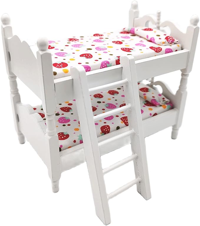 Loft Bed, 1:12 Wooden Dollhouse Miniature Furniture Decor Bunk Bed with Ladder, Bedroom Set Play Toy