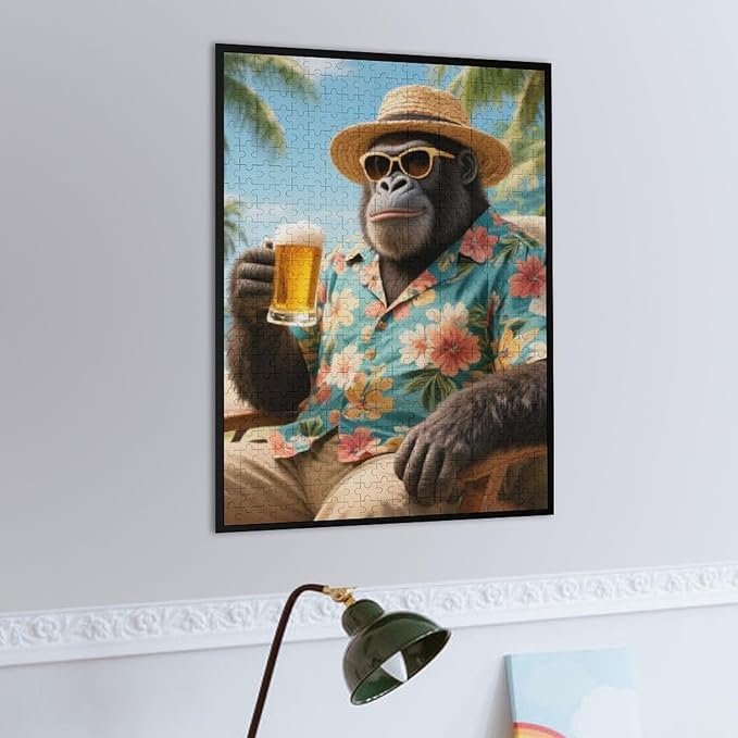 Summer Gorilla – 1000 Piece Creative Wildlife Wooden Jigsaw Puzzle, Playful Summer Gorilla Illustration, Brain Teaser, Family Entertainment