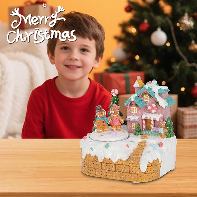 innodept12 Animated Gingerbread House Christmas Decoration – Pre-Lit Musical Resin Village Figurine with Rotating Gingerbread Characters and LED Lights for Indoor Holiday Tabletop Display